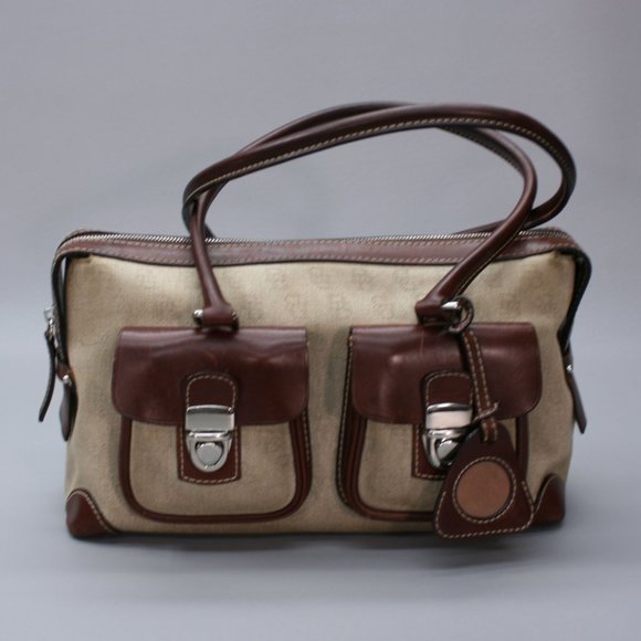 Dooney & Bourke Cloth Logo Brown Leather Buckle 2-Pocket Handbag Purse - Picture 2 of 12